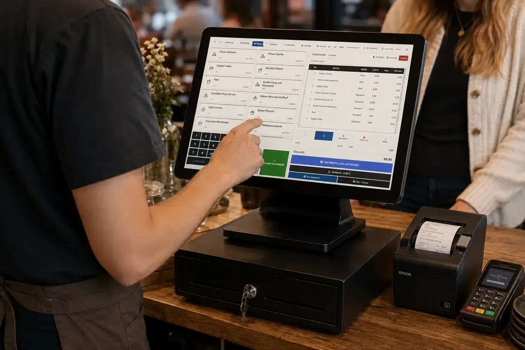 Restaurantmitarbeiter bedient die M3 Touch-Kasse mit Bondrucker, Kassenschublade und Kartenterminal